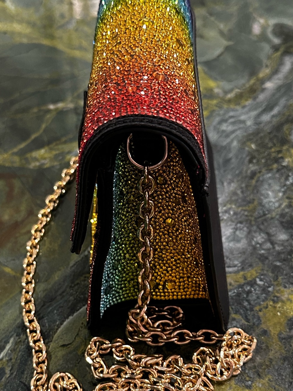 Betsey Johnson Multicolor Rainbow Crystals Crossbody with Gold Chain Strap 7”x5” - Picture 10 of 16